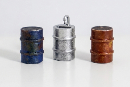 Set de 3 barriles en miniatura escala 1:64 azul plateado y marron