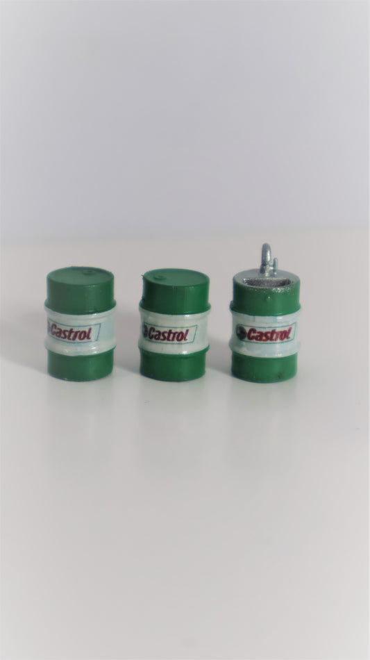 Set de 3 barriles Castrol en miniatura escala 1:64 verde con logo oficial