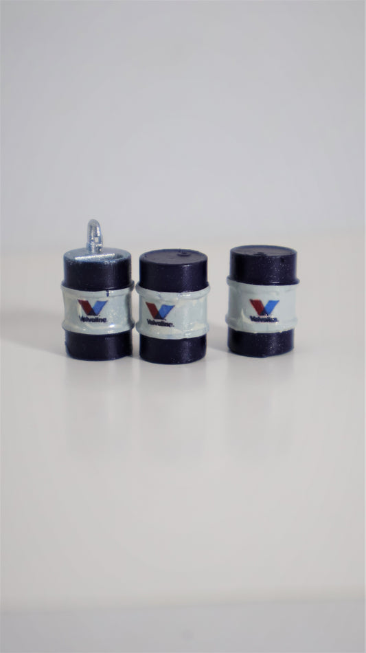 Set de 3 barriles Valvoline en miniatura escala 1:64 azul marino con logo oficial