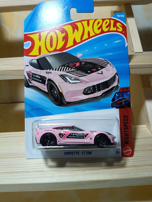 Corvette C7 Z06 Hot Wheels Nightspeed 9/10 rosa pastel con estrellas
