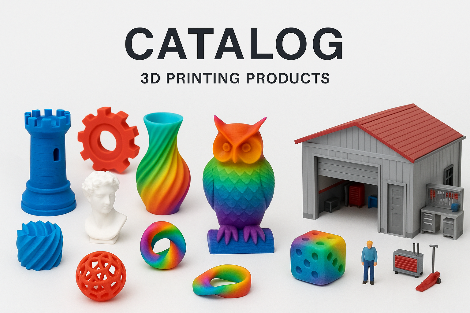 A catalog front image for 3d prints one color to the left, in center a couple of multicolor humble 3d prints, and a couple figures 1:64 of a garage including a figure of human to the right