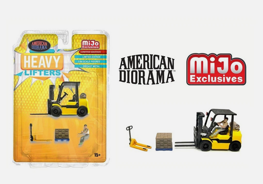 Heavy Lifters American Diorama MiJo Exclusives 1:64 montacargas amarillo con accesorios
